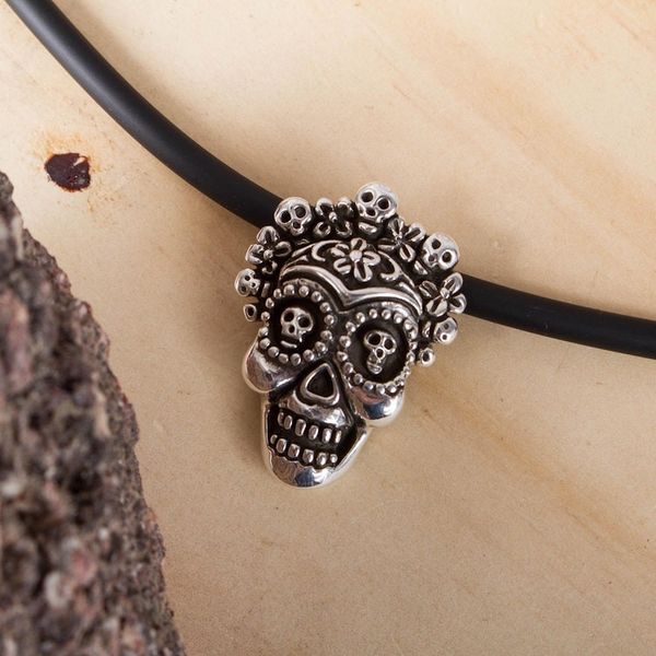 Alternate image for Sterling Silver Floral Skull Pendant Necklace from Mexico Calavera la Comadre