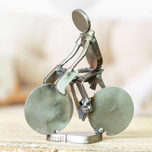Alternate image for Handcrafted Recycled Scrap Metal Statuette of Man Biking Ecological Morning