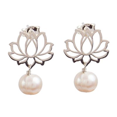 Alternate image for Cultured Pearl Lotus Flower Dangle Earrings from Mexico Glowing Lotus Charm