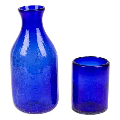 Alternate image for Handblown Recycled Glass Carafe  Cup Set in Blue Pair Textured Cobalt