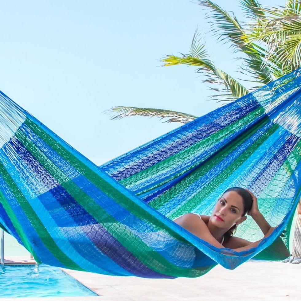 Double Mayan Rope Style Nylon Hammock Handmade in Mexico 'Sea Breeze'