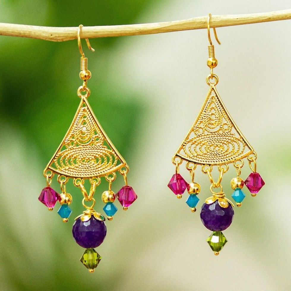 Gold-plated Agate And Swarovski Dangle Earrings From Mexico 'Vibrant'