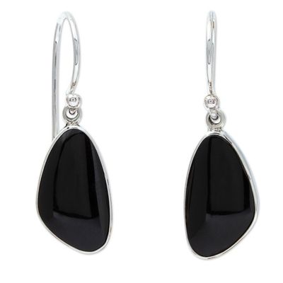 Alternate image for Obsidian and 950 Silver Dangle Earrings with Hooks Volcanic Triangles