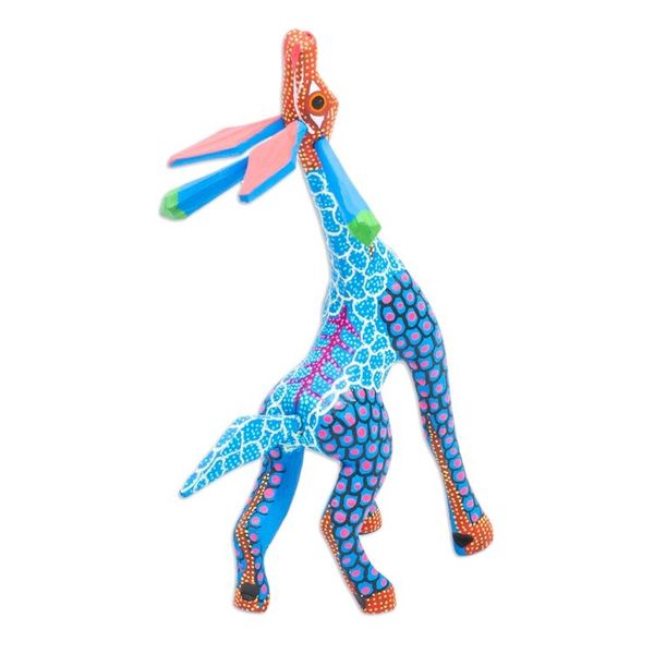 Alternate image for Wood Giraffe Alebrije Hand Painted in Blue and Ochre Stargazing Giraffe in Blue