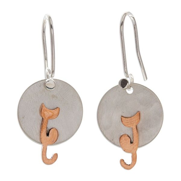 Alternate image for Handmade Silver and Copper Cat Earrings from Taxco Cat in the Moonlight