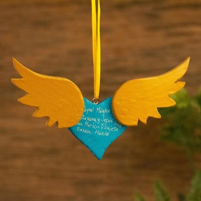 Alternate image for Alebrije Winged Heart Copal Wood Ornament from Mexico Winged Turquoise Heart