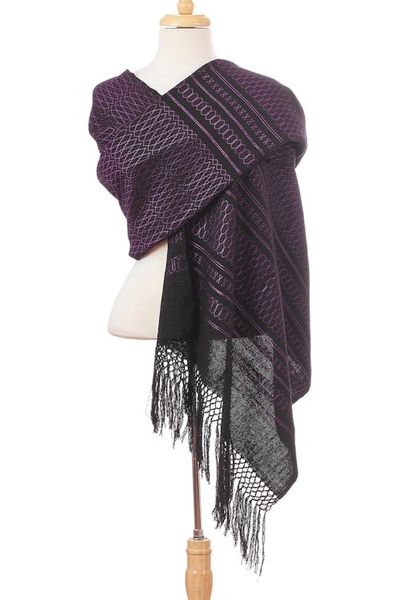 Alternate image for Zapotec Handwoven Black and Purple Rebozo Shawl Fiesta in Black and Purple