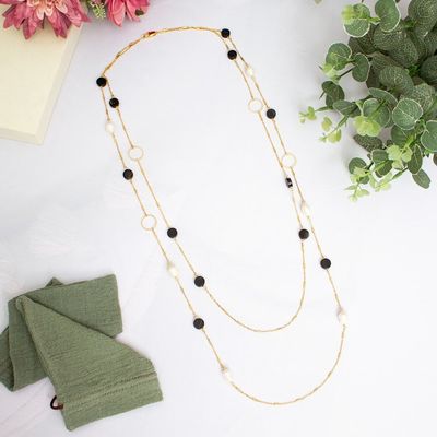 Alternate image for Gold-Plated Cultured Pearl and Onyx Long Station Necklace Dual Glam