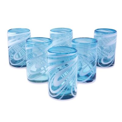 Alternate image for 6 Mexican Hand Blown 15 oz Water Glasses in Aqua and White Whirling Aquamarine