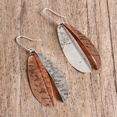 Alternate image for Leaf-Shaped Sterling Silver and Copper Dangle Earrings Rippling Leaves