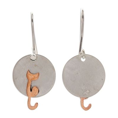 Alternate image for Handmade Silver and Copper Cat Earrings from Taxco Cat in the Moonlight