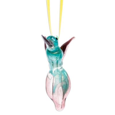 Alternate image for Handblown Recycled Glass Hummingbird Ornament in Cyan Cyan Paradise Hummingbird