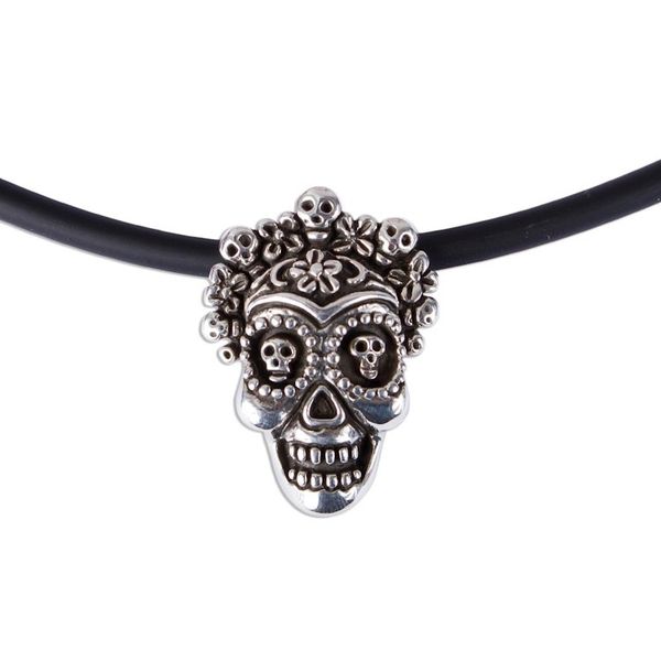 Alternate image for Sterling Silver Floral Skull Pendant Necklace from Mexico Calavera la Comadre