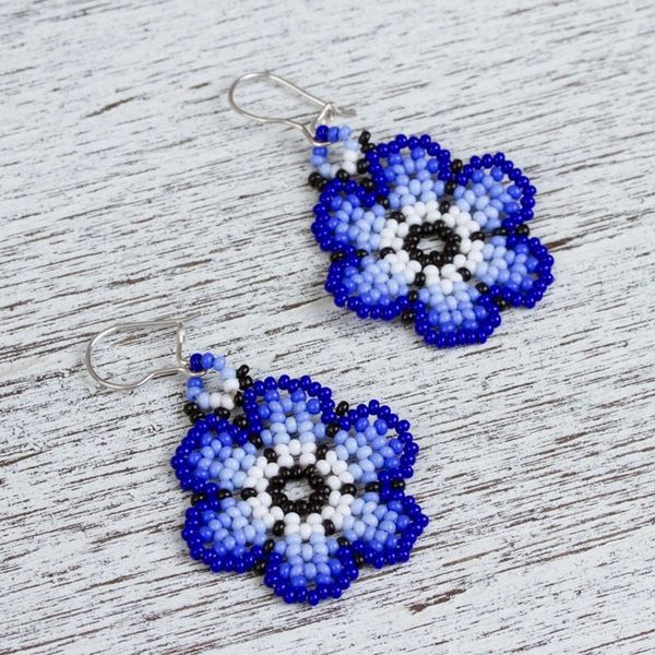 Alternate image for Glass Beaded Floral Dangle Earrings in Blue from Mexico Royal Flowers