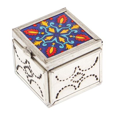 Alternate image for Handcrafted Blue Talavera-Themed Tin and Ceramic Jewelry Box Twilight Reflections