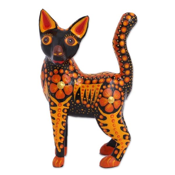 Alternate image for Wood Alebrije Cat Figurine in Orange from Mexico Fiery Cat
