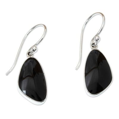 Alternate image for Obsidian and 950 Silver Dangle Earrings with Hooks Volcanic Triangles