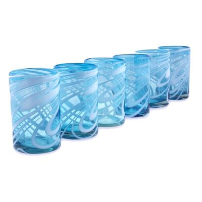 Alternate image for 6 Mexican Hand Blown 15 oz Water Glasses in Aqua and White Whirling Aquamarine
