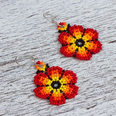 Alternate image for Glass Beaded Floral Dangle Earrings in Red from Mexico Blazing Flowers