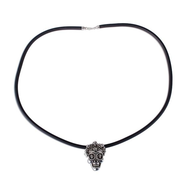 Alternate image for Sterling Silver Floral Skull Pendant Necklace from Mexico Calavera la Comadre