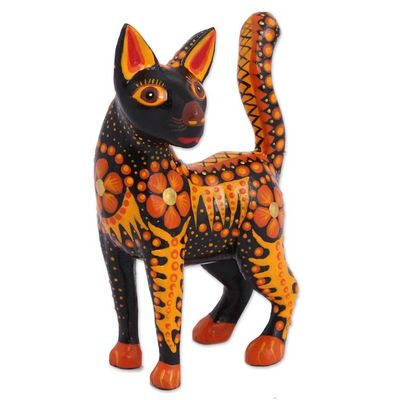 Alternate image for Wood Alebrije Cat Figurine in Orange from Mexico Fiery Cat