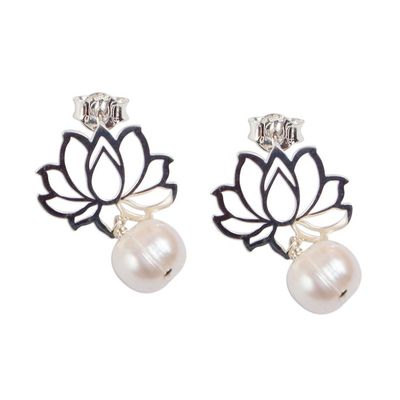 Alternate image for Cultured Pearl Lotus Flower Dangle Earrings from Mexico Glowing Lotus Charm