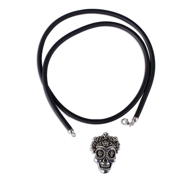 Alternate image for Sterling Silver Floral Skull Pendant Necklace from Mexico Calavera la Comadre
