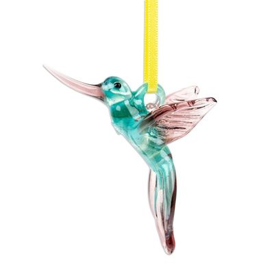 Alternate image for Handblown Recycled Glass Hummingbird Ornament in Cyan Cyan Paradise Hummingbird