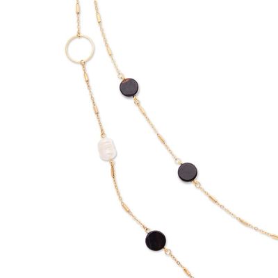 Alternate image for Gold-Plated Cultured Pearl and Onyx Long Station Necklace Dual Glam