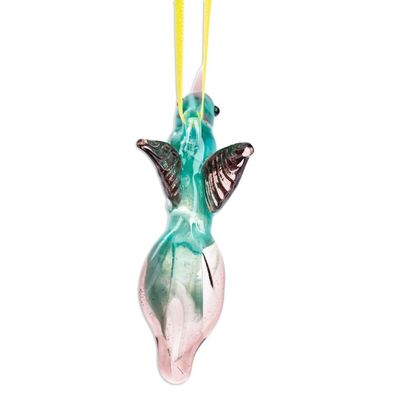 Alternate image for Handblown Recycled Glass Hummingbird Ornament in Cyan Cyan Paradise Hummingbird