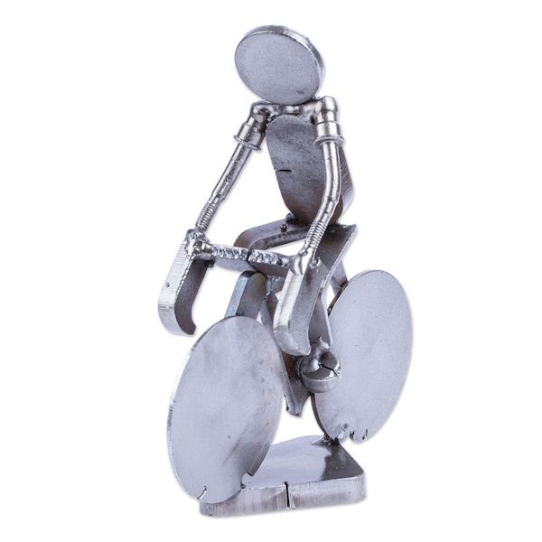 Alternate image for Handcrafted Recycled Scrap Metal Statuette of Man Biking Ecological Morning