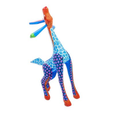 Alternate image for Wood Giraffe Alebrije Hand Painted in Blue and Ochre Stargazing Giraffe in Blue