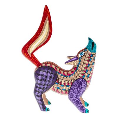Alternate image for Hand-Painted Copal Wood Alebrije Figurine of Purple Wolf Wolf Call