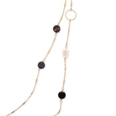 Alternate image for Gold-Plated Cultured Pearl and Onyx Long Station Necklace Dual Glam