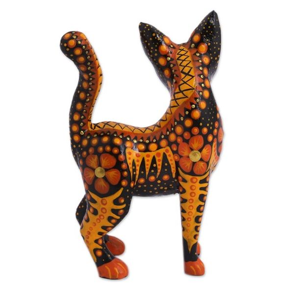 Alternate image for Wood Alebrije Cat Figurine in Orange from Mexico Fiery Cat