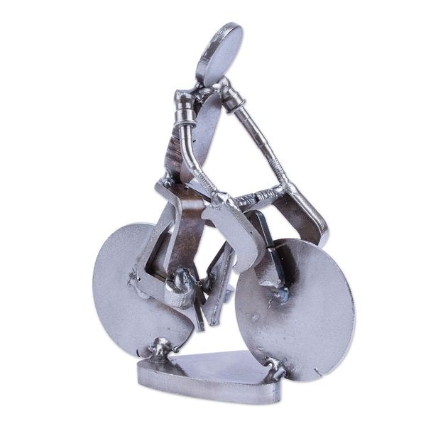 Alternate image for Handcrafted Recycled Scrap Metal Statuette of Man Biking Ecological Morning