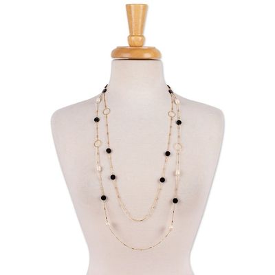 Alternate image for Gold-Plated Cultured Pearl and Onyx Long Station Necklace Dual Glam