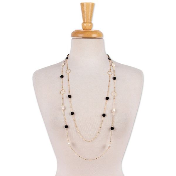 Alternate image for Gold-Plated Cultured Pearl and Onyx Long Station Necklace Dual Glam