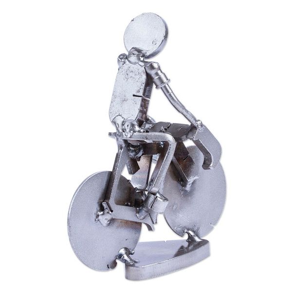 Alternate image for Handcrafted Recycled Scrap Metal Statuette of Man Biking Ecological Morning