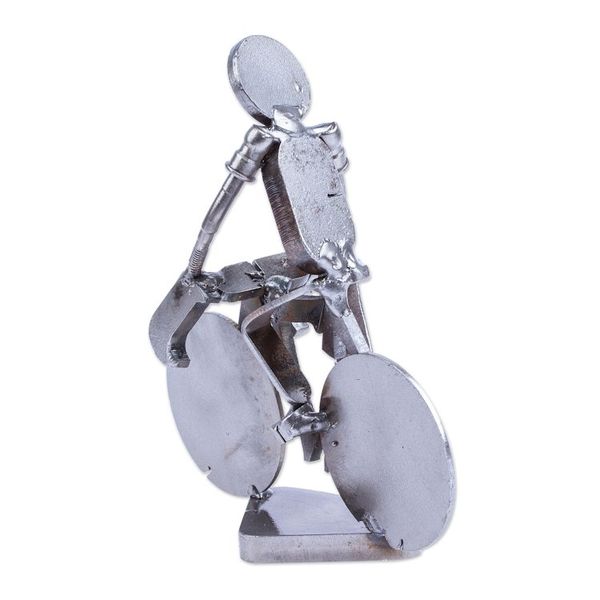 Alternate image for Handcrafted Recycled Scrap Metal Statuette of Man Biking Ecological Morning