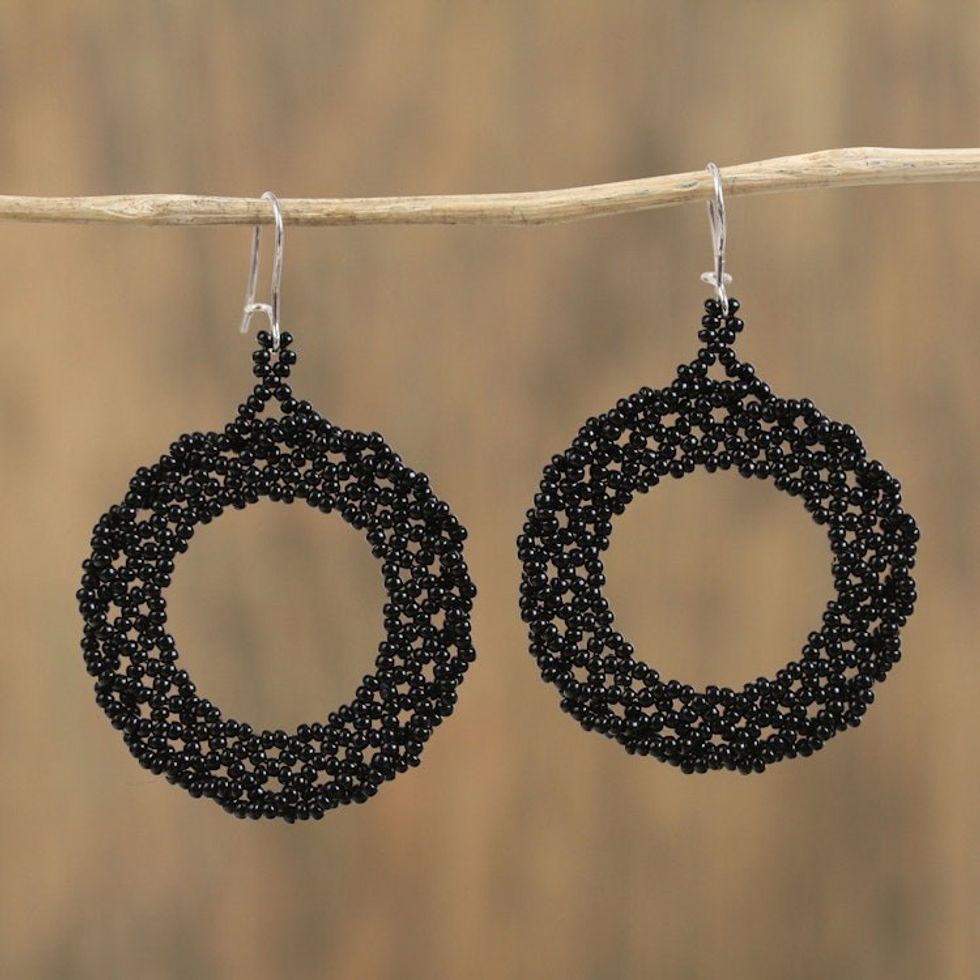 Circular Glass Beaded Dangle Earrings in Black from Mexico 'Ebony Black Circles'