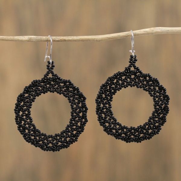 Alternate image for Circular Glass Beaded Dangle Earrings in Black from Mexico Ebony Black Circles