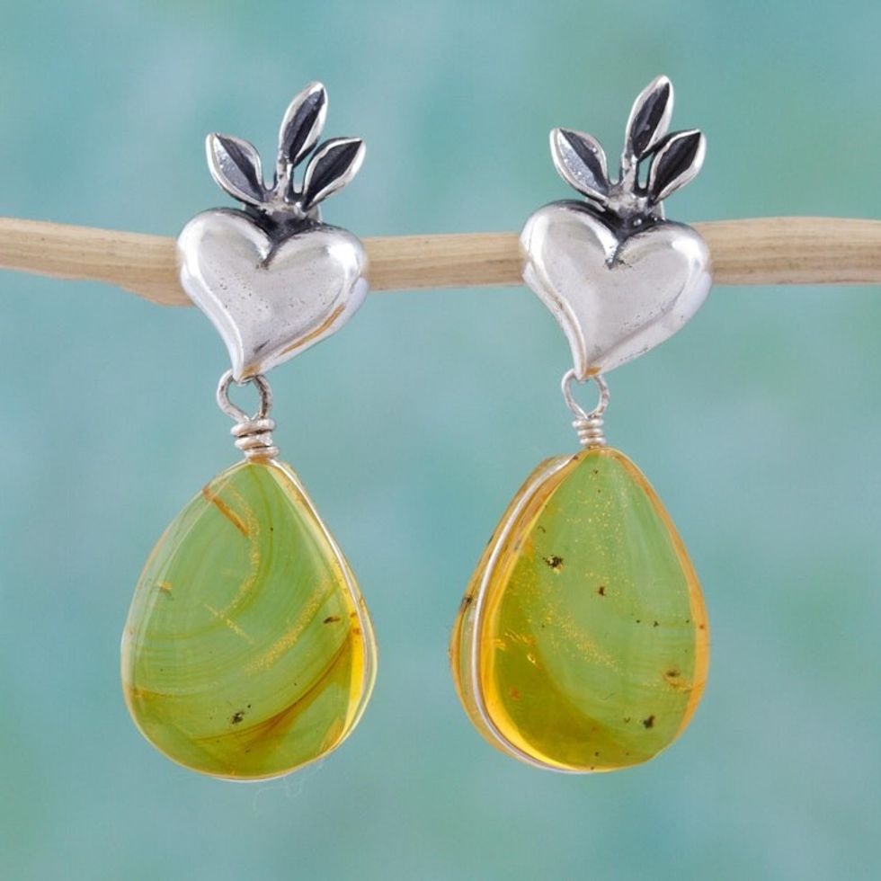 Heart Sterling Silver Earrings with Amber Droplets 'Fern Hearts'