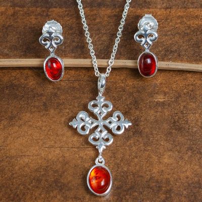 Alternate image for Sterling Silver and Oval Amber Necklace and Earring Set Amber Cross