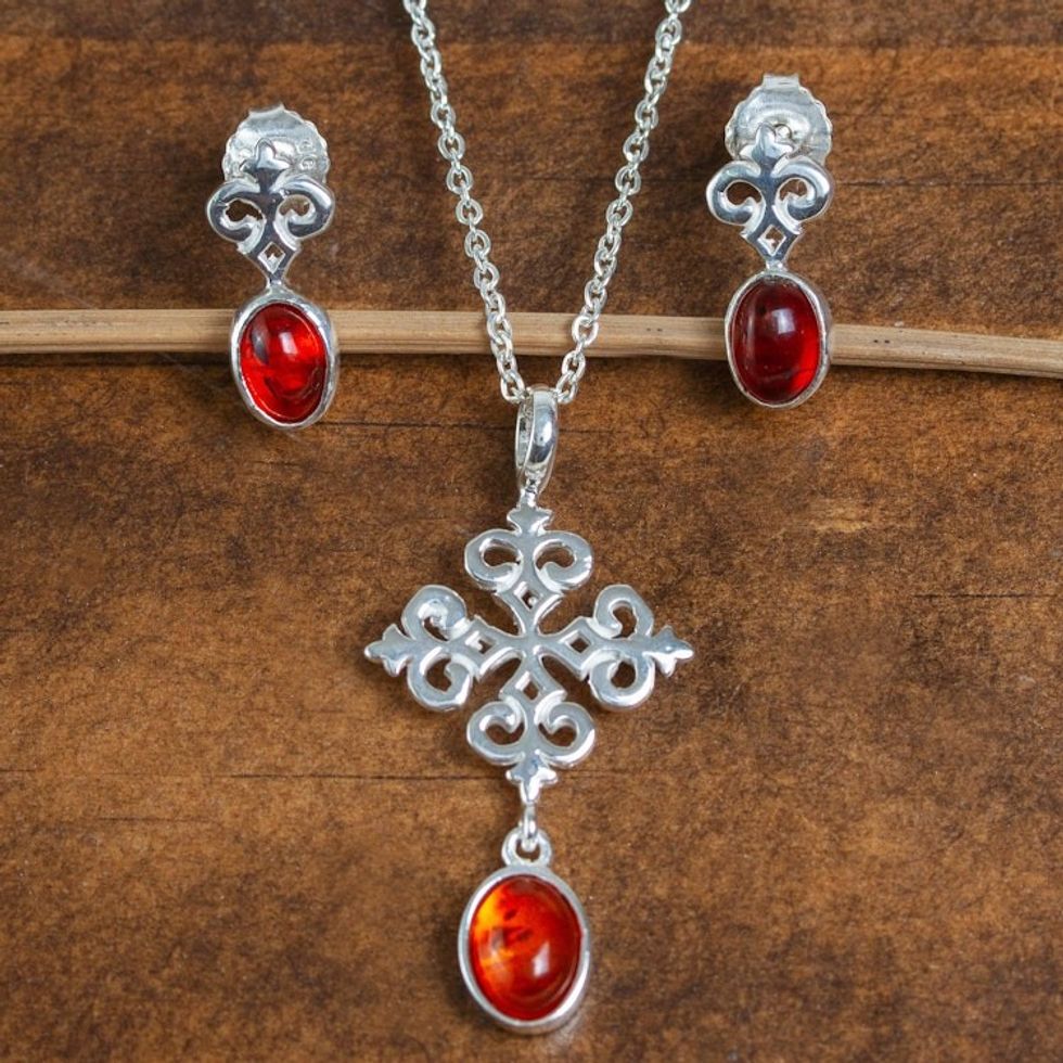Sterling Silver and Oval Amber Necklace and Earring Set 'Amber Cross'