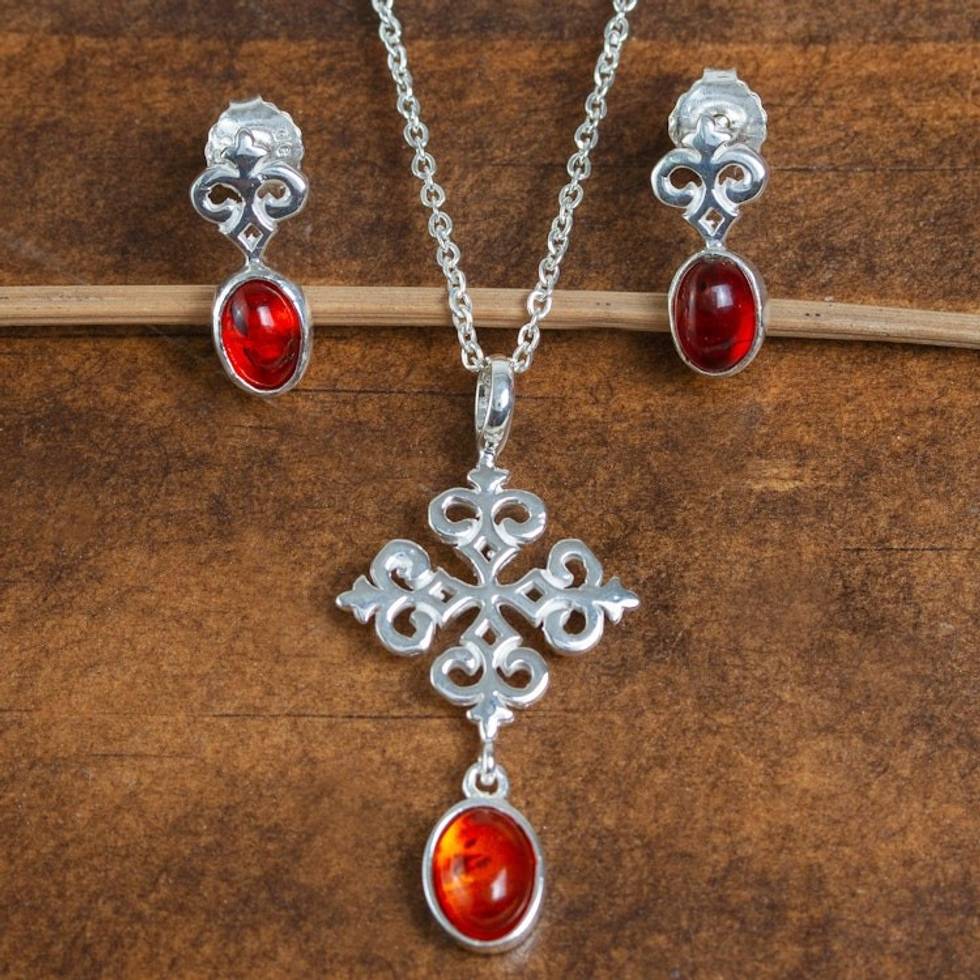 Sterling Silver and Oval Amber Necklace and Earring Set 'Amber Cross'