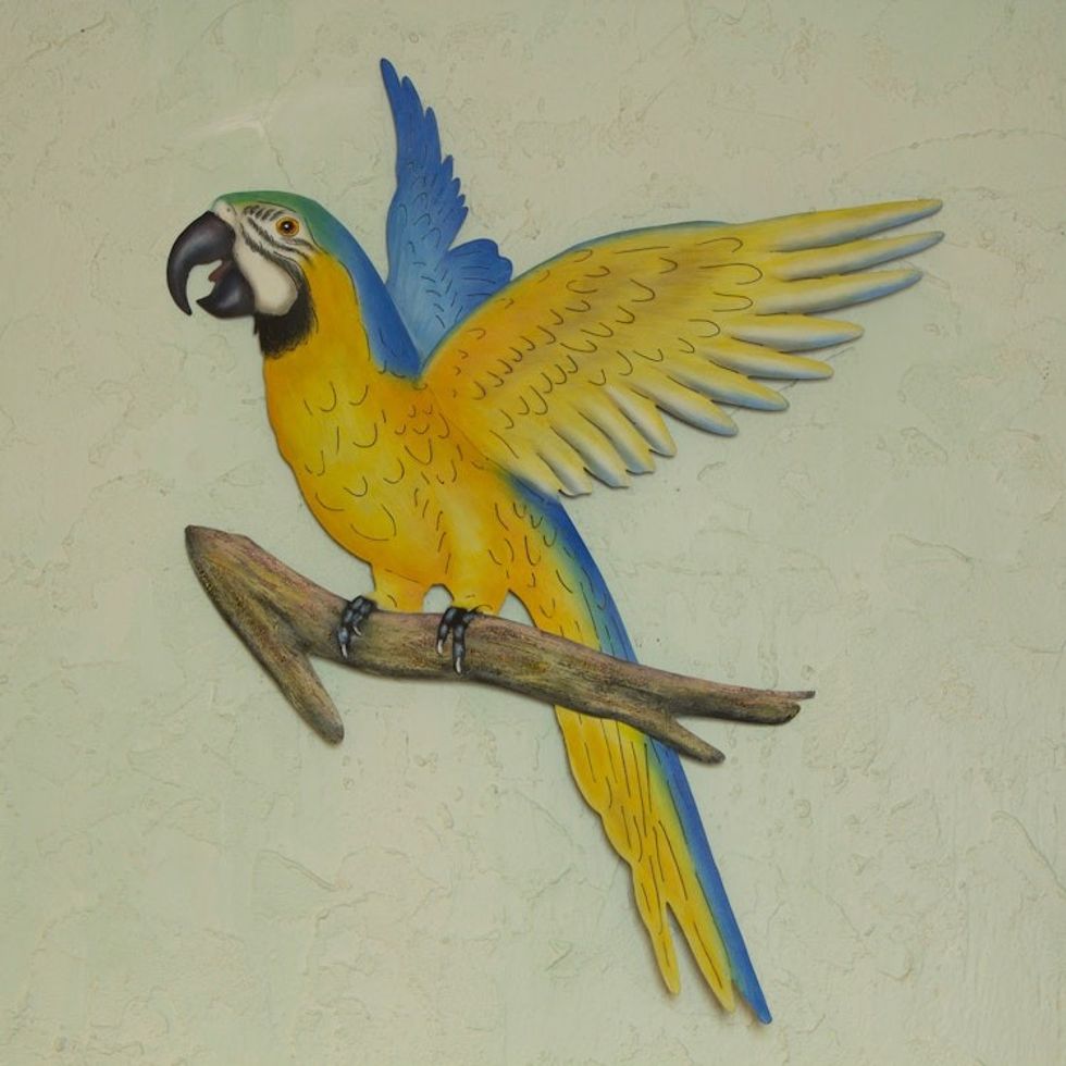 Hand Crafted Macaw Steel Wall Sculpture from Mexico 'Golden Blue Macaw'