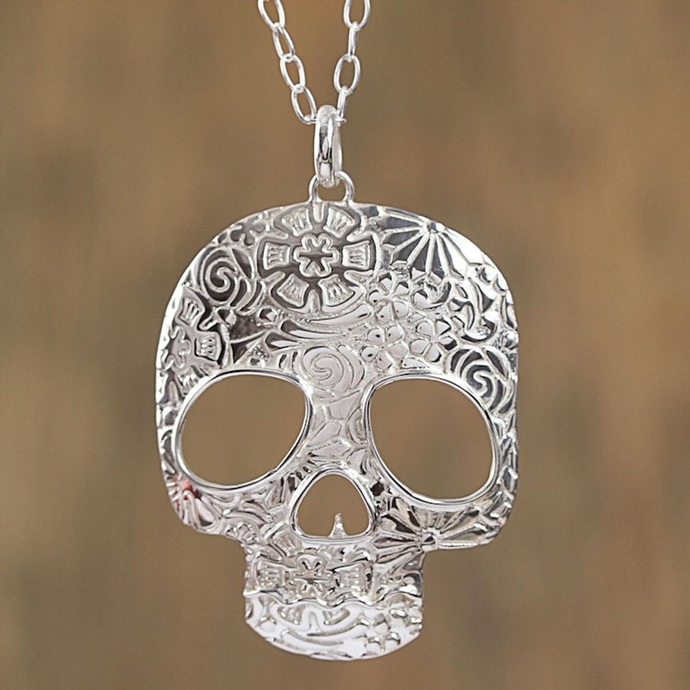 Taxco Sterling Silver Skull Pendant Necklace from Mexico 'Complex Skull'