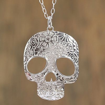 Alternate image for Taxco Sterling Silver Skull Pendant Necklace from Mexico Complex Skull