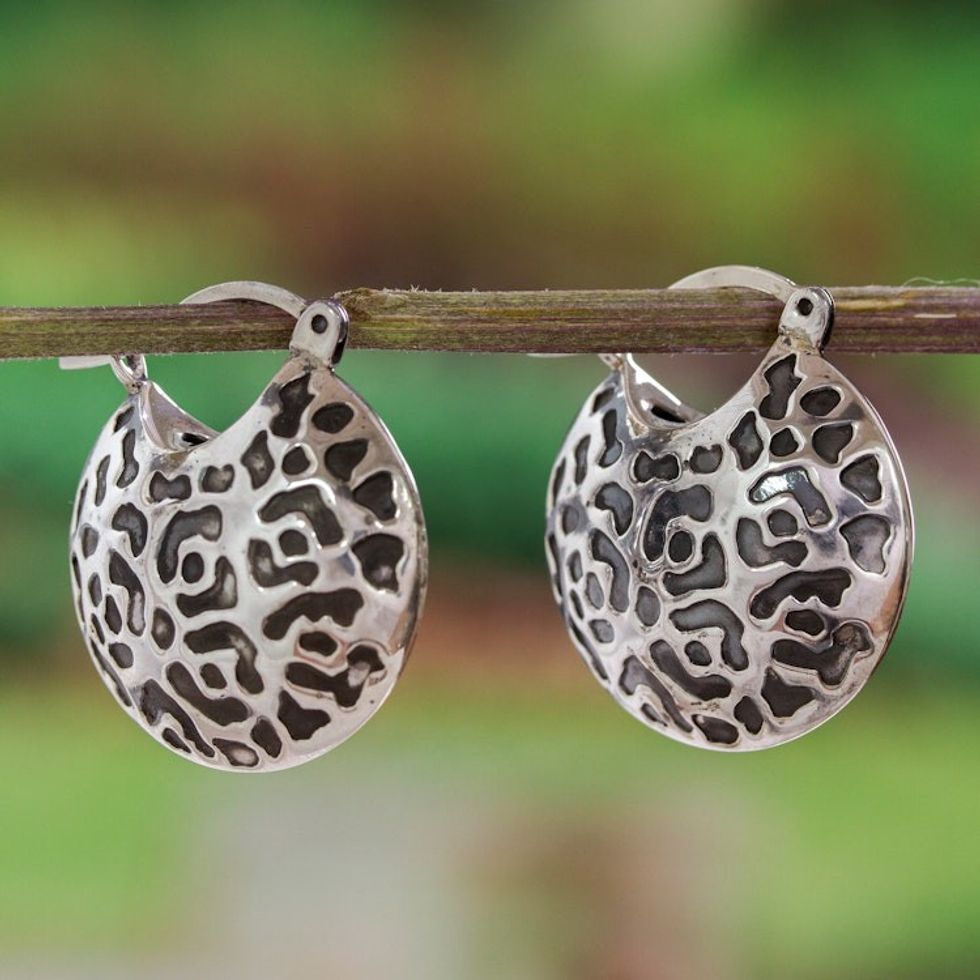 Hand Made Sterling Silver Spot Hoop Earrings from Mexico 'Life of the Jaguar'